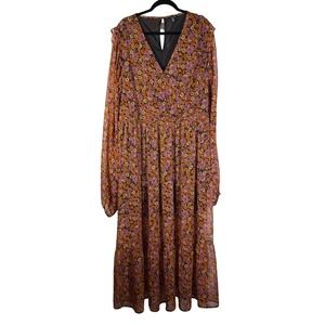 Boohoo Floral Tiered Maxi Dress Orange Purple V-Neck Long Sleeve Plus Size 20